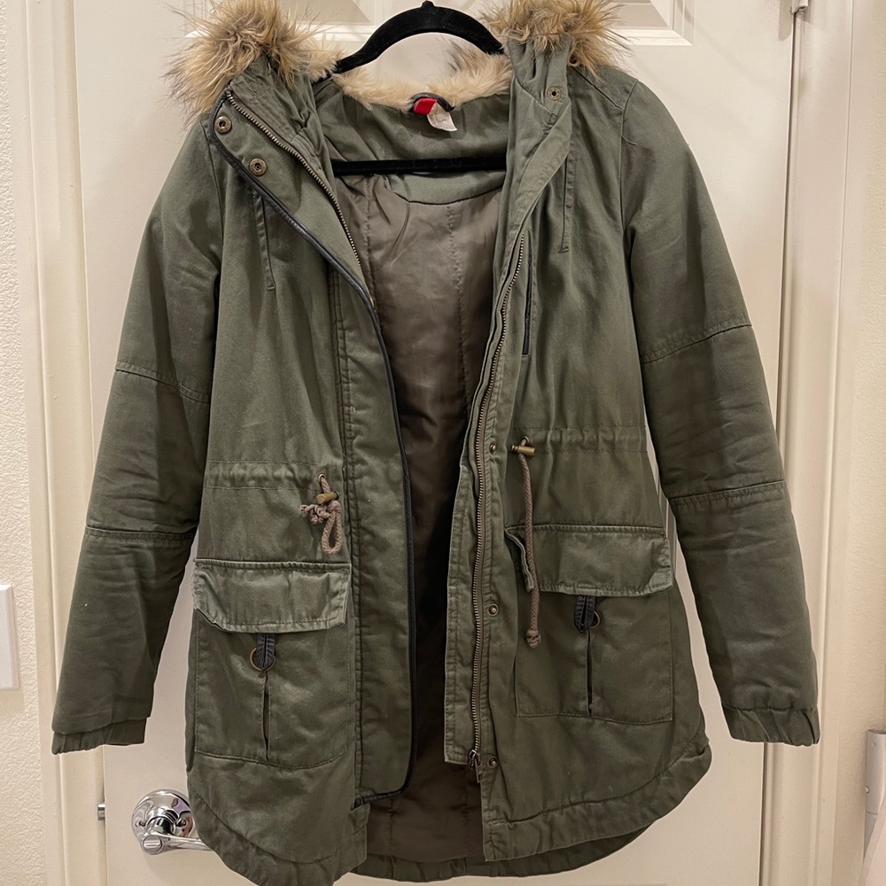 Women’s Military Green Full Zip Hooded Utility Jacket Coat